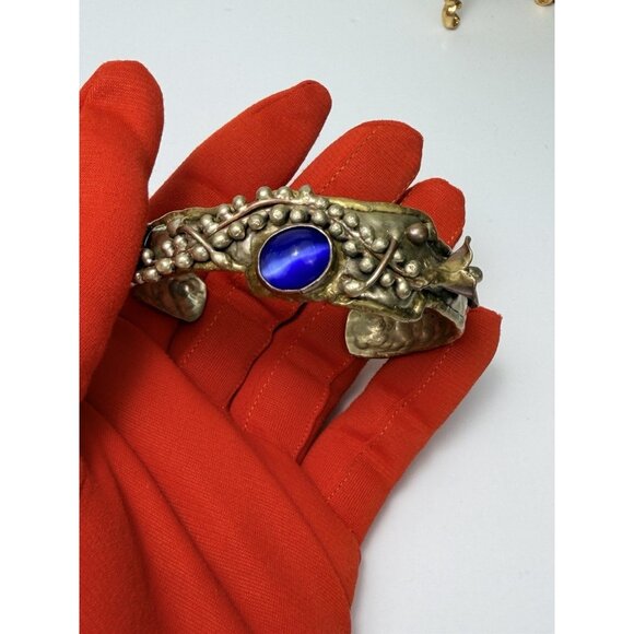 Vintage Brutalist Brass Cuff Bracelet Blue GlassModernist Statement Jewelry